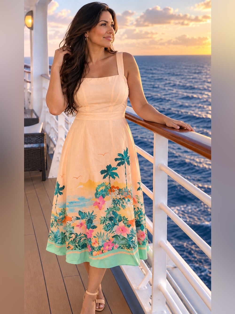 Talbots Peach Tropical Print Sundress with Teal & Green Accents